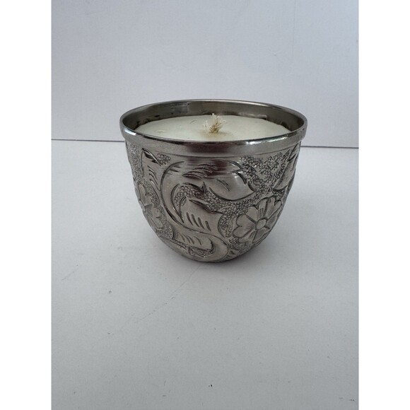 Pottery Barn Candle Silver Hammered Floral Candleholder Pewter *NEW READ* - Picture 1 of 6
